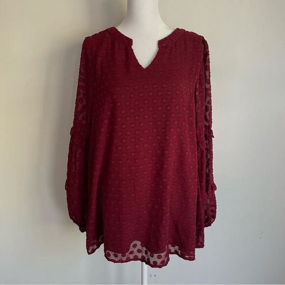 Jodiful Maroon Dotted Up Chiffon Burgundy Bubble Sleeve Top Women’s Size Large - Picture 1 of 9